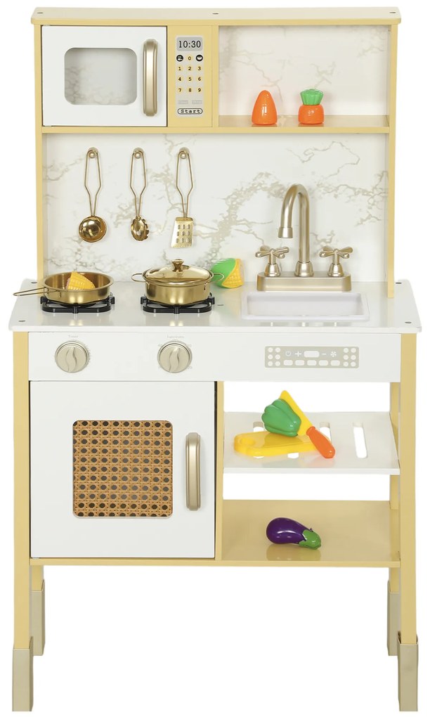 AIYAPLAY Bucătărie de jucărie din lemn cu sunet, cu accesorii din oțel inoxidabil, legume de tăiat, auriu | Aosom Romania