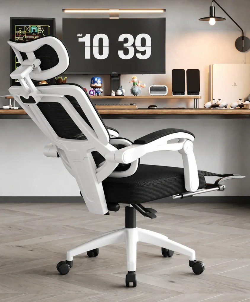 Scaun ergonomic cu suport lombar, tetieră reglabilă 3D, suport pentru picioare, Mesh, Alb/Negru