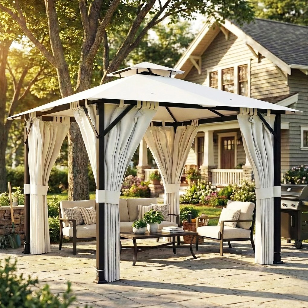 Outsunny Tonnelă de grădină exterior 3x3m pavilion de grădină, acoperiș dublu, draperii, cârlige pentru tavan, cadru metalic, crem | Aosom Romania