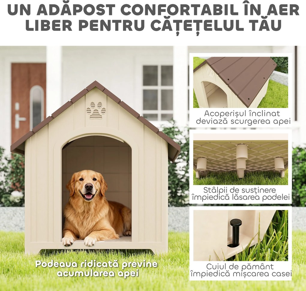 PawHut Căsuță pentru câini de talie medie și mare, ridicată, cu acoperiș înclinat, guri de aerisire și cuie, căsuță din PP, 88x78x89 cm, Bej și Maro Închis | Aosom Romania