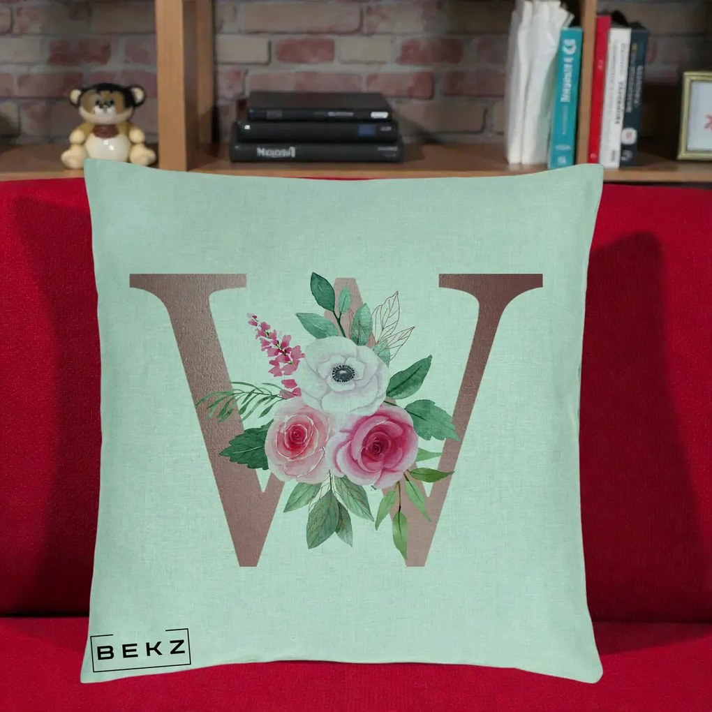 Cadou Personalizat - Perna Personalizata Monograma Rose Gold Litera W cu Trandafiri si Anemona, 40x40 cm, Verde Menta, Husa Detasabila, Perna Inclusa, BEKZ®