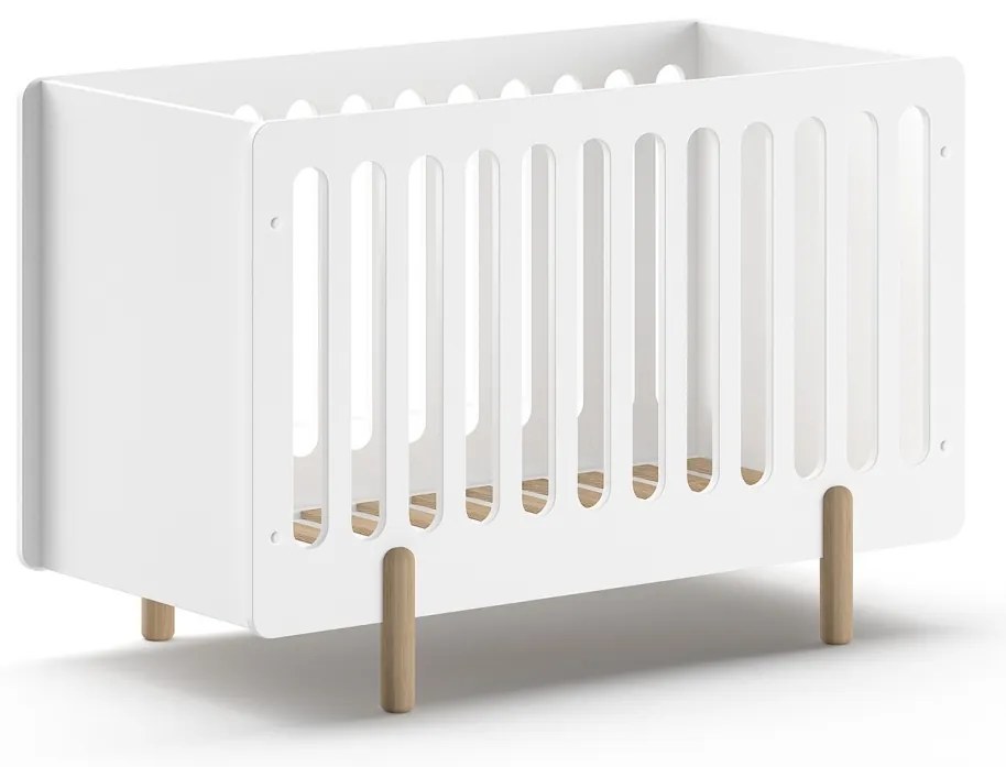 Set mobilier pentru copii SMILE, alb, pat 60 x 120 cm cu bare robuste și bază reglabilă, masă de schimbat cu trei rafturi deschise și dulap cu suport
