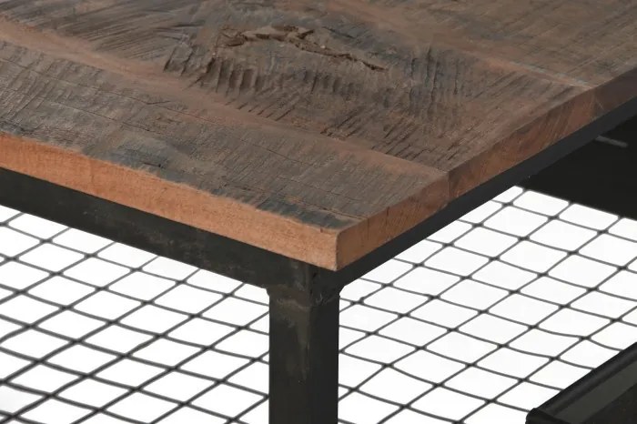Măsuță de cafea dreptunghiulară din lemn și metal, natur și negru, pe roți, finisaj patinat, 48 x 147 x 76 cm, „Ferros” – Ethnic Collections