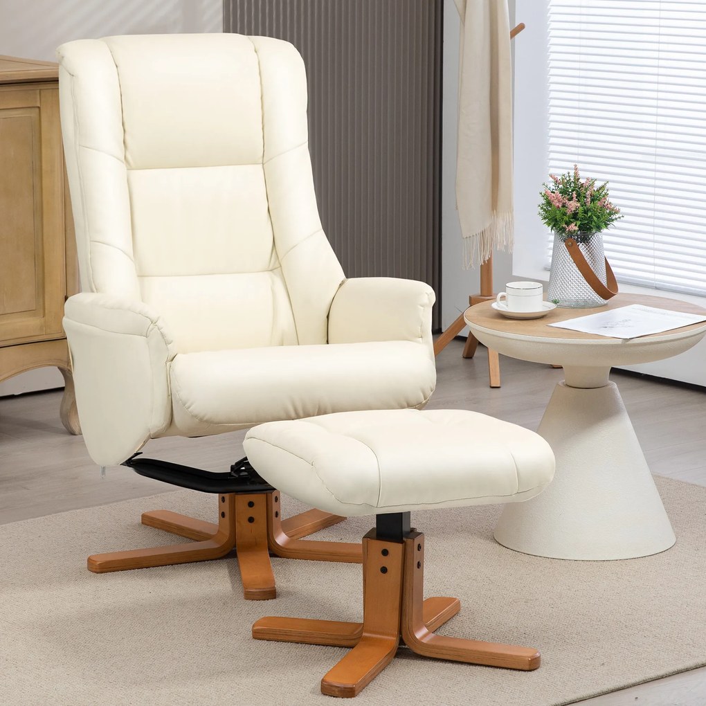HOMCOM Fotoliu de Relaxare cu Taburet, Funcție de Culcare, Piele Ecologică, până la 150 kg, 71 x 84 x 102 cm, Crem | Aosom Romania