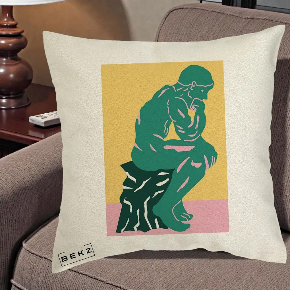 Perna Decorativa Ganditorul Sculptura Pop Art, 40x40 cm, Ecru, Husa Detasabila, Perna Inclusa, BEKZ®