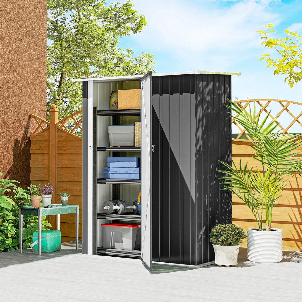Outsunny Căsuță de Grădină 1.07m² din Oțel Zincat, Adăpost pentru Unelte cu Ușă Blocabilă, Acoperiș Înclinat, 142x86x189 cm, Gri Închis | Aosom Romania