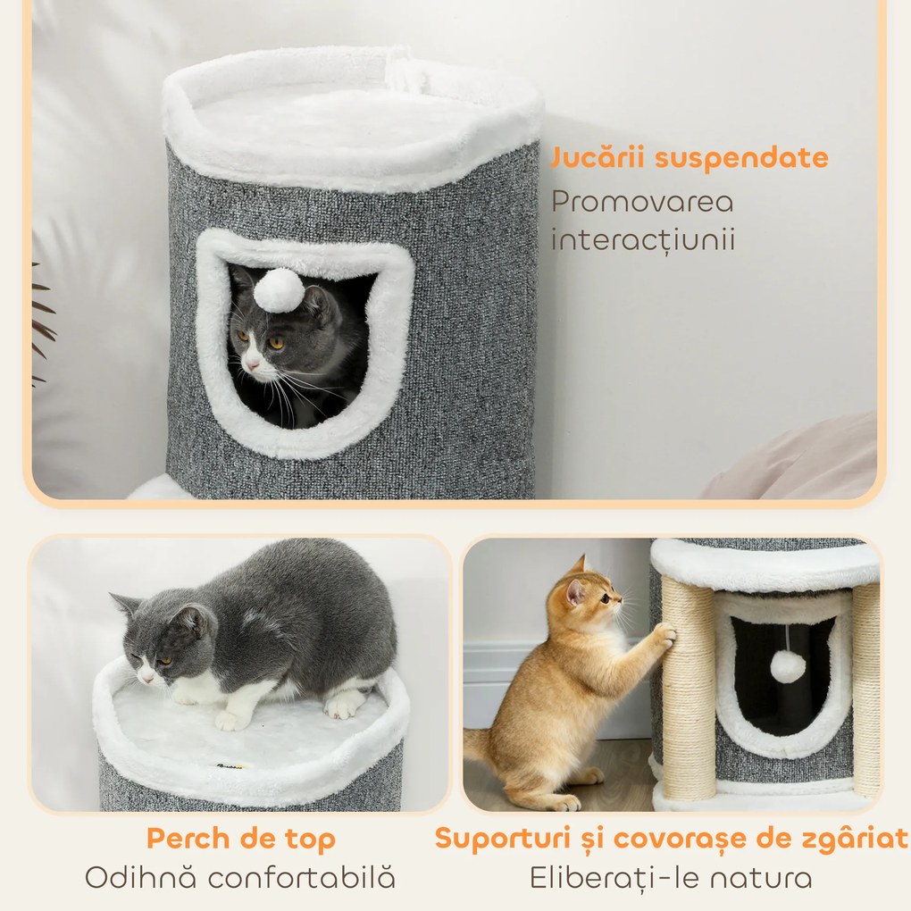 PawHut Ansamblu de joacă pentru pisici, 76 cm înălțime, cu culcușuri, pat și mingi, Gri | Aosom Romania
