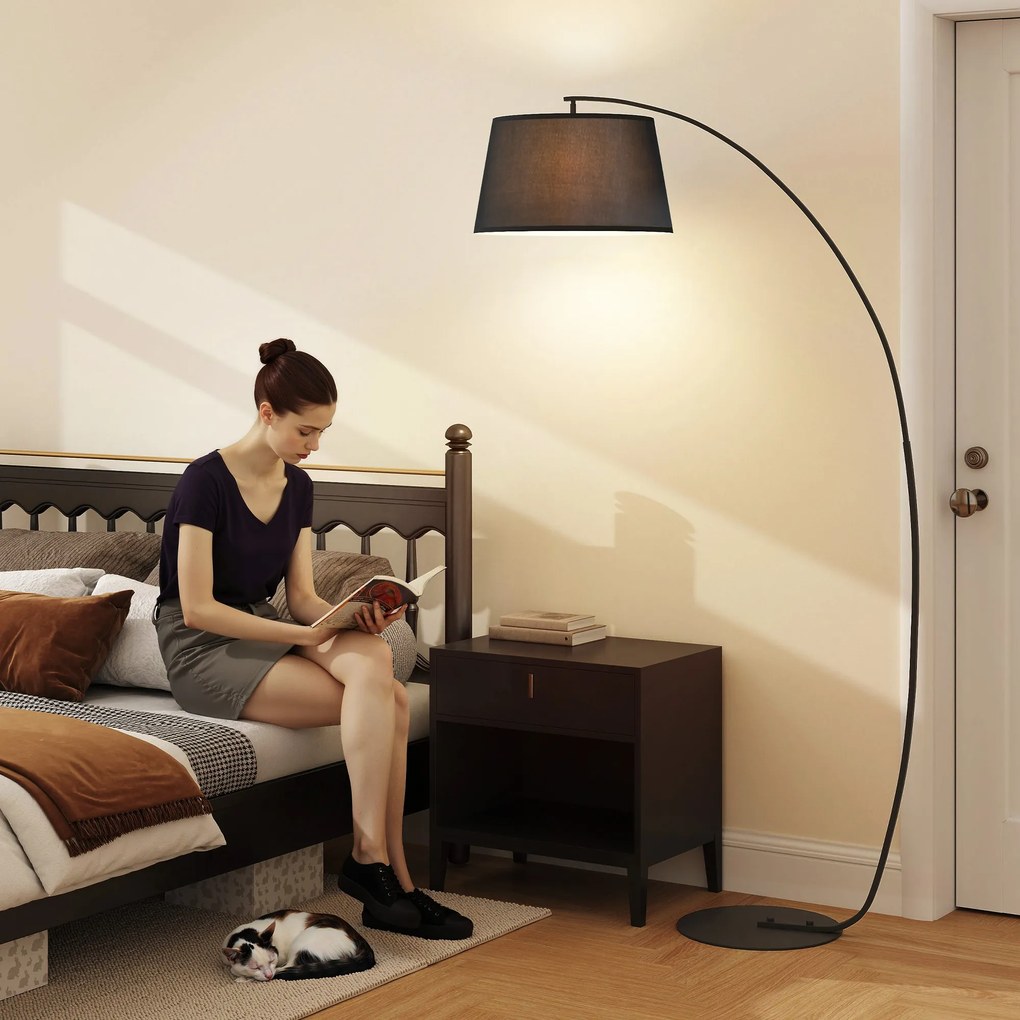 HOMCOM Lampa de Podea Arc Inalta, Design Modern cu Abajur din Tesatura si Baza Metalica, Comutator cu Pedala, Negru | Aosom Romania