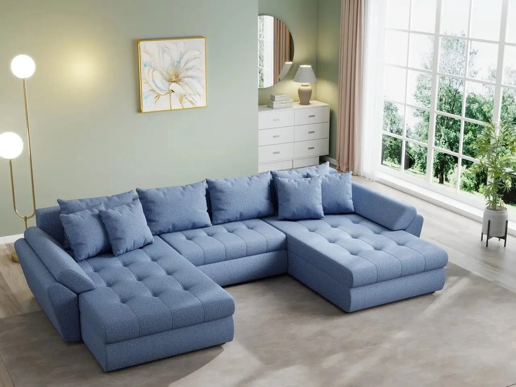 Colțar extensibil  dumonde cu ladă de depozitare si sezut confortabil din spuma high-density, Loana U Enjoy Blue 355x185 cm