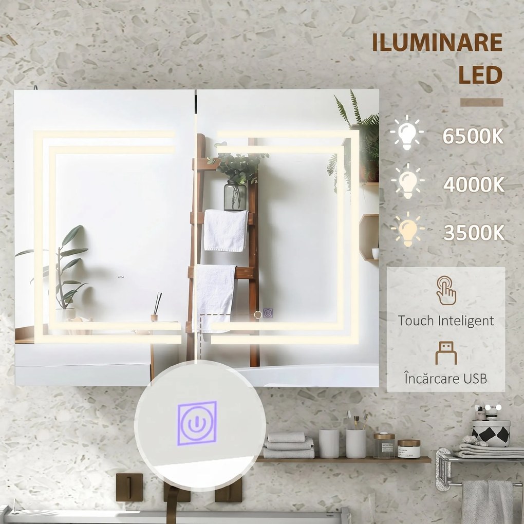 kleankin Oglindă Baie cu Dulap și LED, 80 x 65cm, Ușă Soft Close, Reglabilă pe 3 Culori, Rafturi Ajustabile, Alb Lucios | Aosom Romania