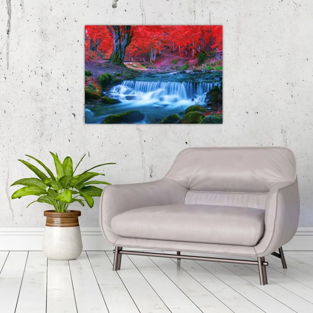 Tablou pe sticlă - Cascada în pădurea roșie (70x50 cm)