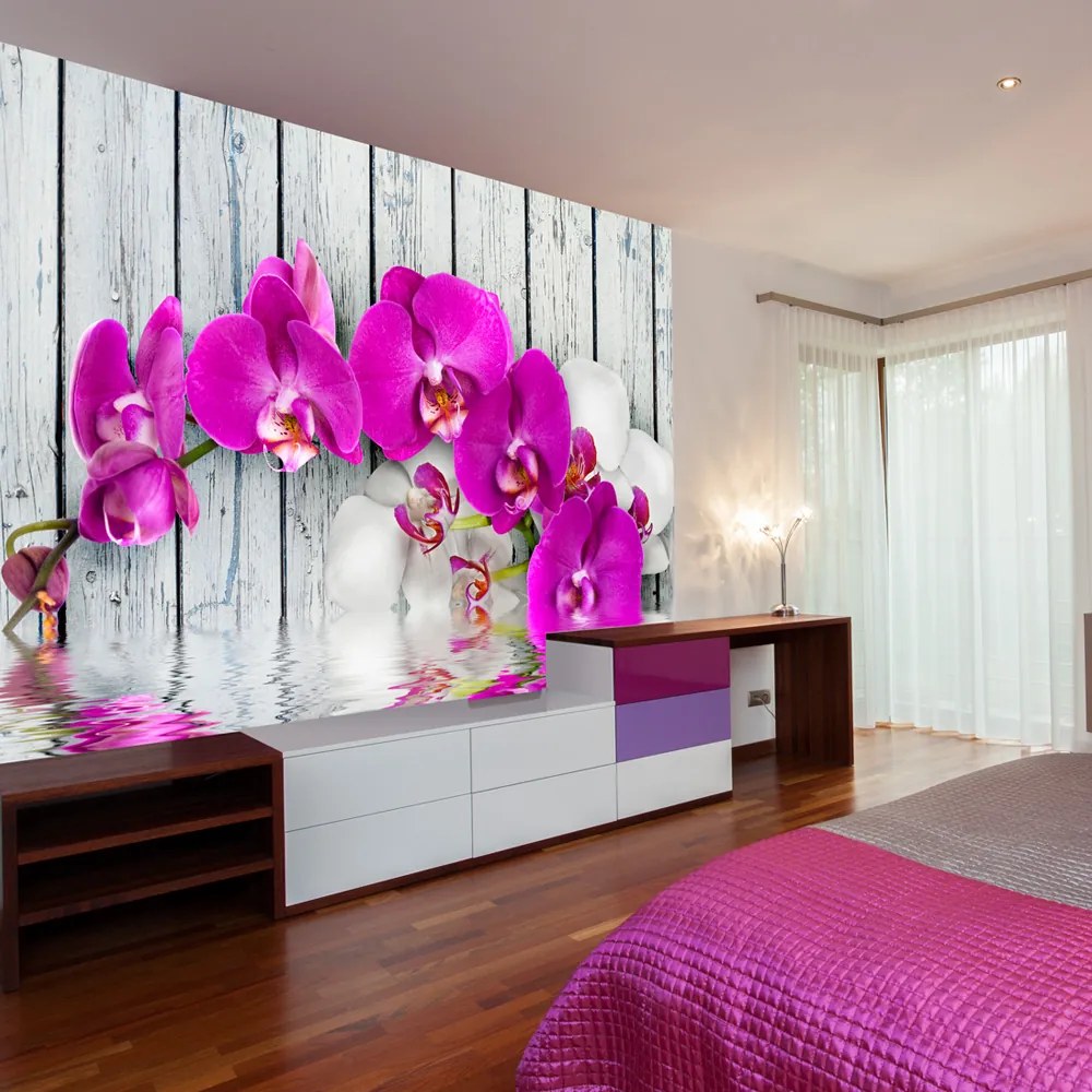 Fototapet Bimago - Violet orchids with water reflexion + Adeziv gratuit 350x270  cm