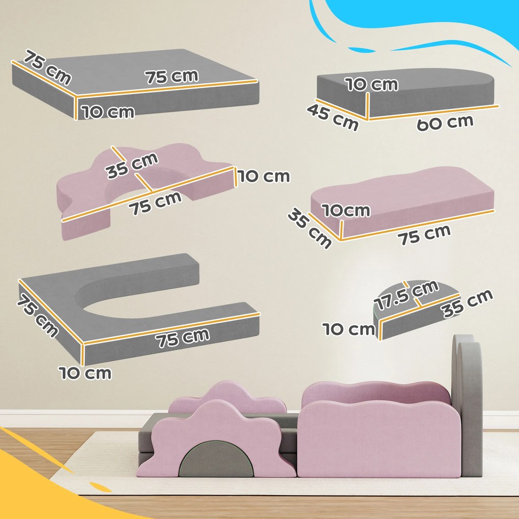 AIYAPLAY Set de 12 blocuri din spumă pentru cățărat, construit, târât, saltele de joacă pentru interior cu husă din catifea côtelată, Gri+Roz | Aosom Romania