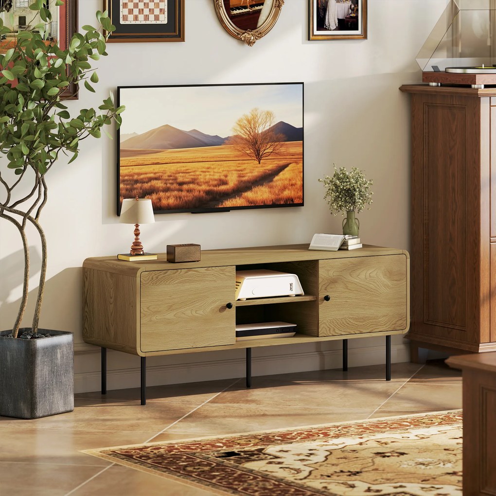 HOMCOM Comodă TV, suport TV până la 139,7 cm cu 2 uși, 2 compartimente deschise, picioare din oțel, 120x40x50cm, stejar | Aosom Romania