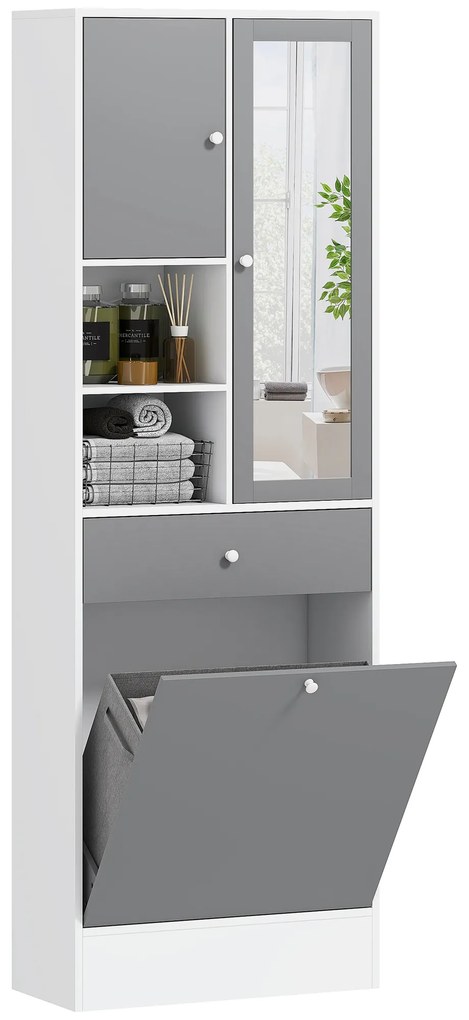 HOMCOM Mobila de baie cu cos de rufe si oglinda raft ajustabil 62 x 28,3 x 181 cm gri si alb | Aosom Romania