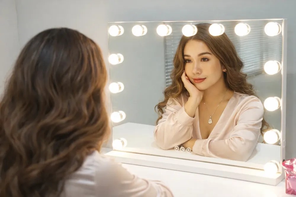 Oglindă cosmetică, sistem iluminare LED cu 3 culori, 15 bulbi, Senzor Tactil, Luminozitate Reglabilă, Alb