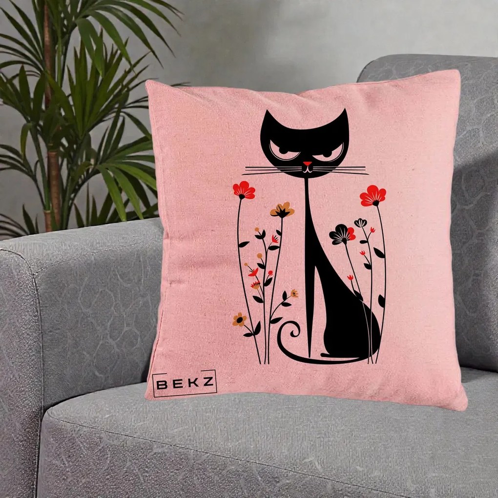 Perna Decorativa Pisica Neagra Grafica Flori Rosii, 40x40 cm, Roz, Husa Detasabila, Perna Inclusa, BEKZ®