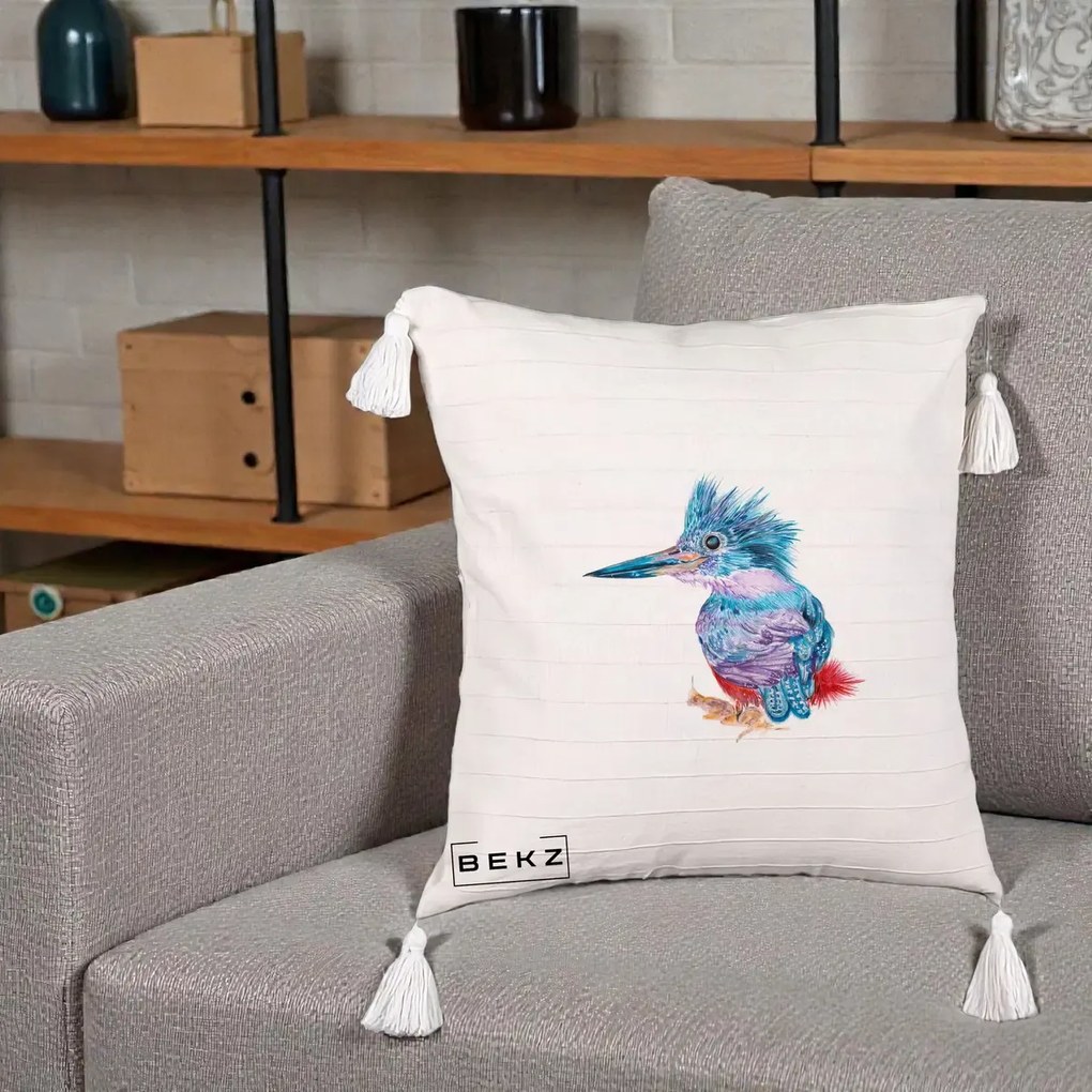 Perna Decorativa Pasare Martin Pescar Acuarela Albastru-Mov, 40x40 cm, Bej cu Franjuri, Husa Detasabila, Perna Inclusa, BEKZ®