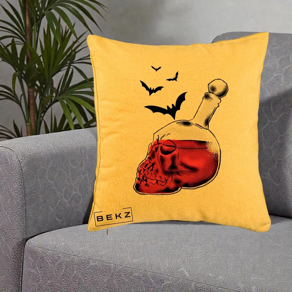 Perna Decorativa Halloween Craniu-Sticla cu Lilieci, 40x40 cm, Galben, Husa Detasabila, Perna Inclusa, BEKZ®