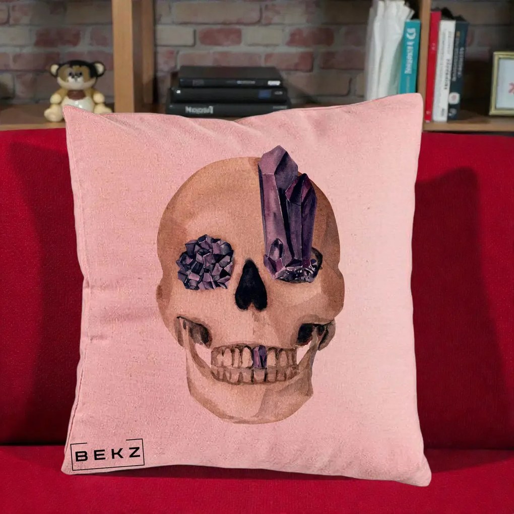 Perna Decorativa Craniu cu Cristale de Ametist, 40x40 cm, Roz, Husa Detasabila, Perna Inclusa, BEKZ®