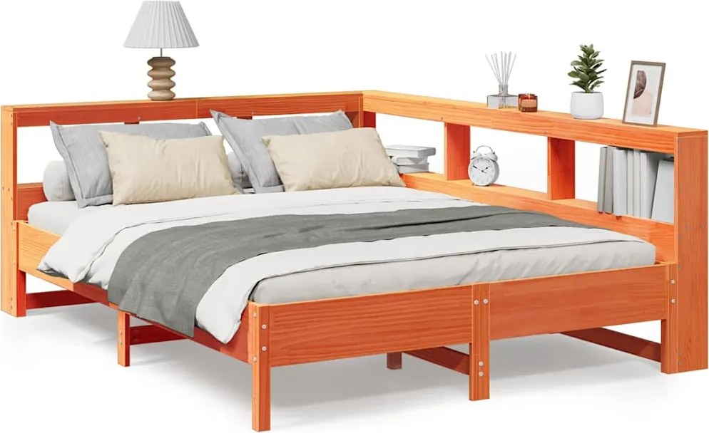 vidaXL Pat cu bibliotecă fără saltea maro 140x190 cm lemn masiv de pin