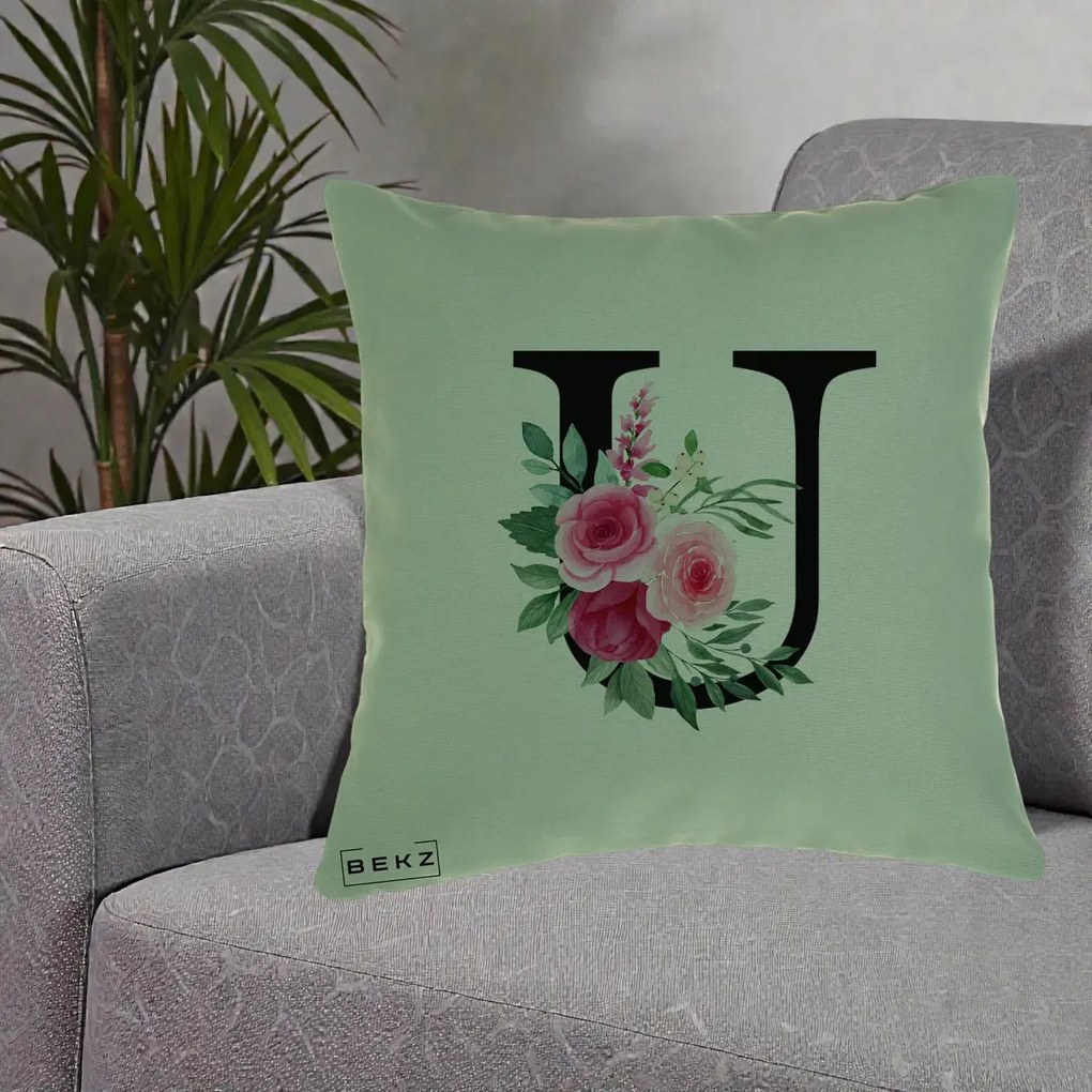 Cadou Personalizat - Perna Personalizata Monograma Florala Litera U, 40x40 cm, Verde, Husa Detasabila, Perna Inclusa, BEKZ®