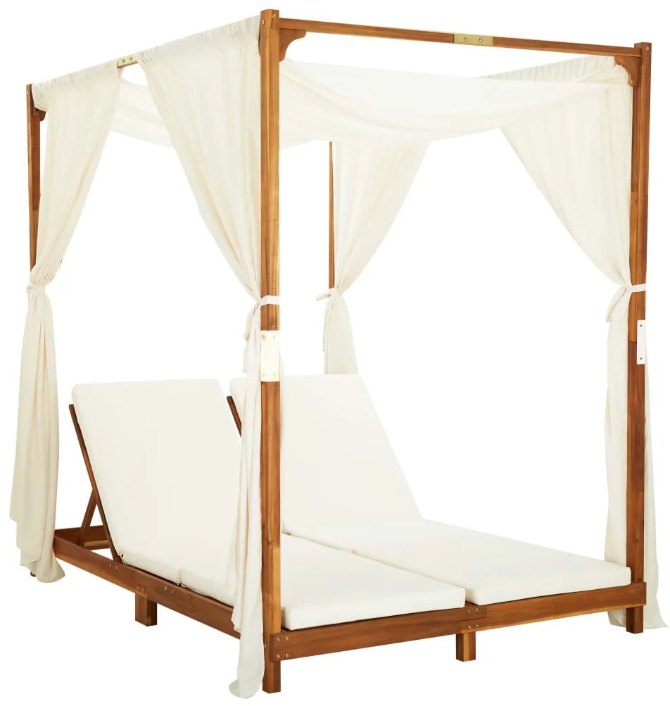 vidaXL Șezlong dublu cu perdele și perne, lemn masiv de acacia