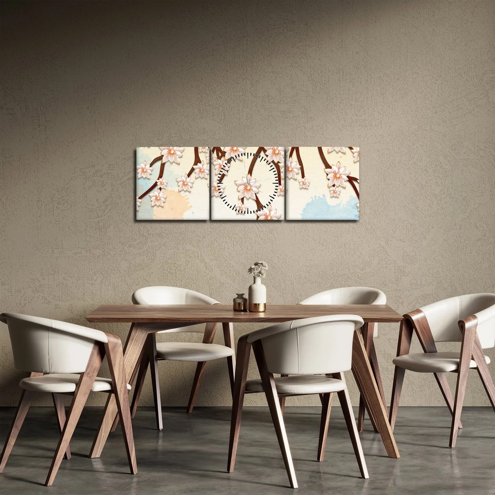 Tablou - Flori colorate pe ramuri (cu ceas) (90x30 cm)