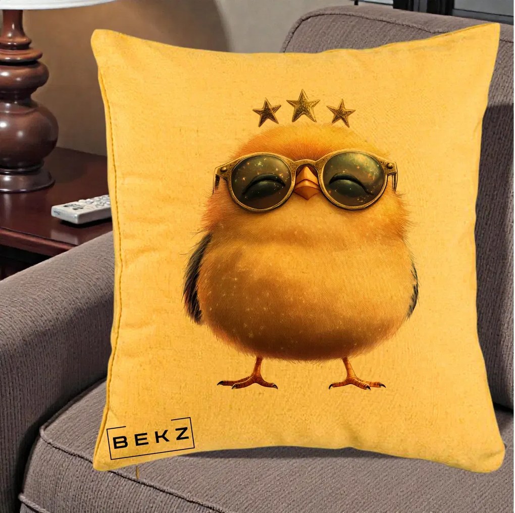 Perna Decorativa Pui Gold Star cu Ochelari Aurii, 40x40 cm, Galben, Husa Detasabila, Perna Inclusa, BEKZ®