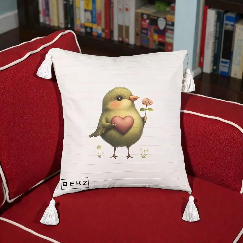 Perna Decorativa Pasare Verde cu Inima si Floare, 40x40 cm, Bej cu Franjuri, Husa Detasabila, Perna Inclusa, BEKZ®