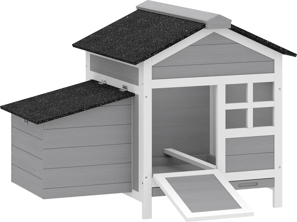 PawHut Coteț din lemn, acoperiș din asfalt și cuibar adăpost pentru 4 găini cu fereastră din acril 92 x 64 x 69 cm gri | Aosom Romania