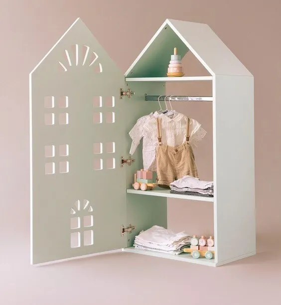 Dulap copii casuta alb/mint/roz