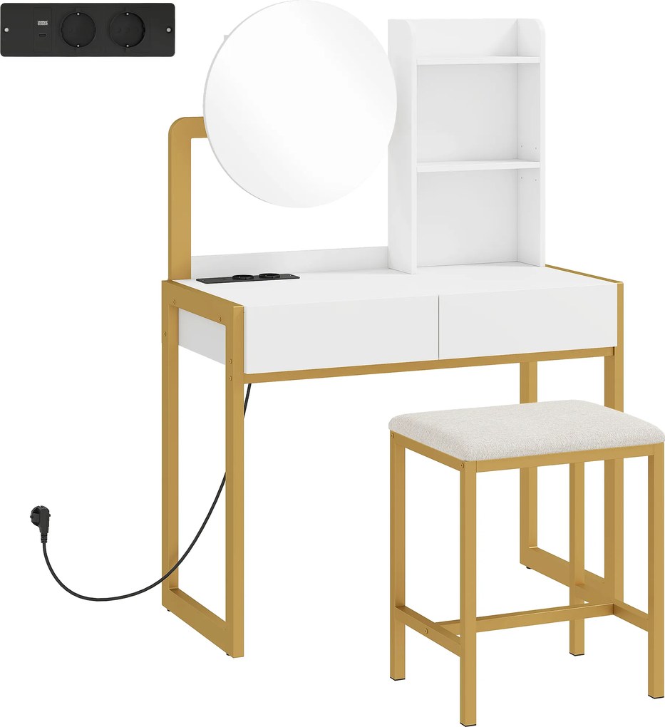 HOMCOM Masă de machiaj cu oglindă și taburet, stație de încărcare, masă de machiaj cu 2 sertare, 3 rafturi deschise, alb | Aosom Romania