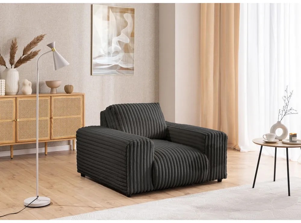 Fotoliu gri închis cu tapițerie din catifea reiată Justin – Ropez