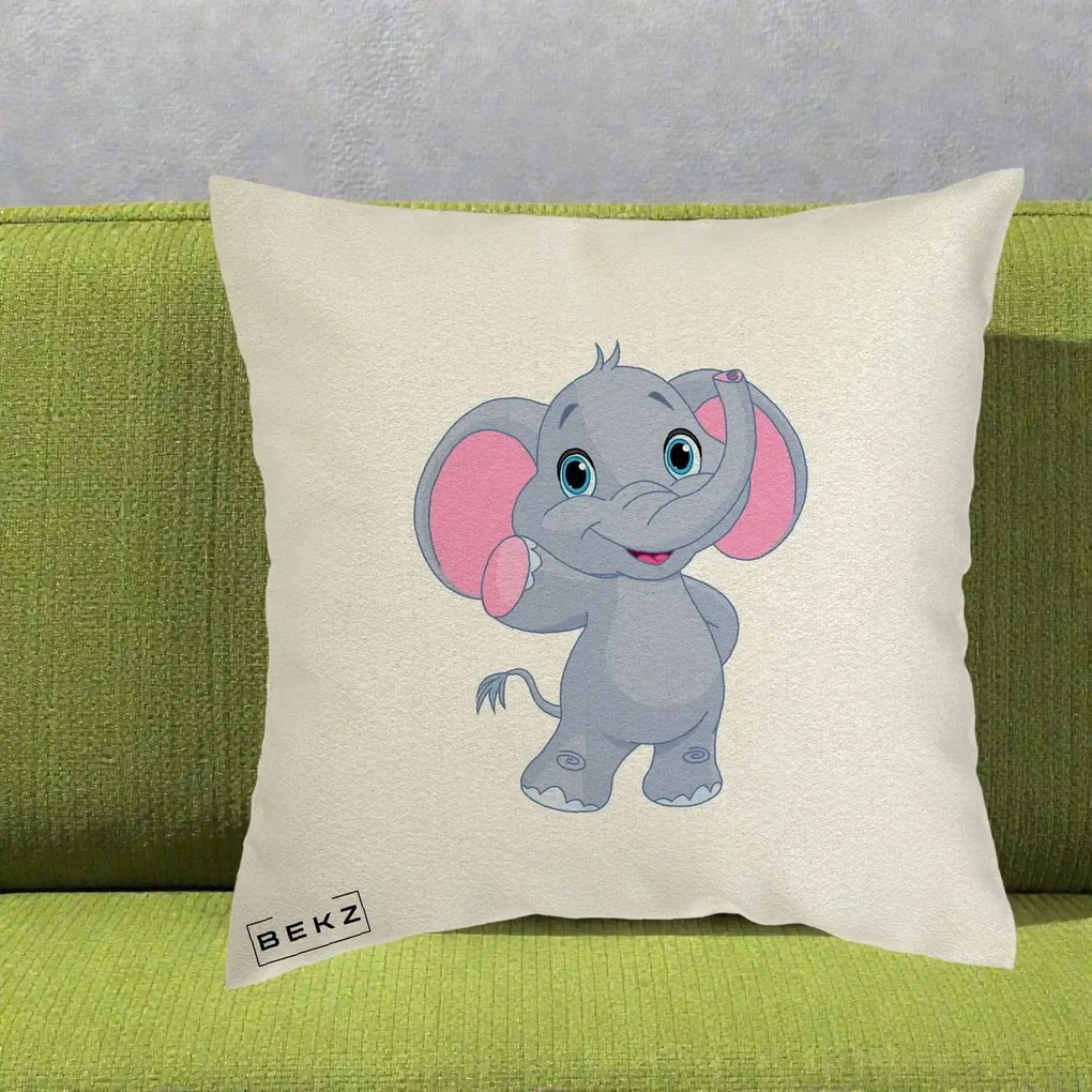 Perna Decorativa Pui de Elefant Kawaii, 40x40 cm, Ecru, Husa Detasabila, Perna Inclusa, BEKZ®