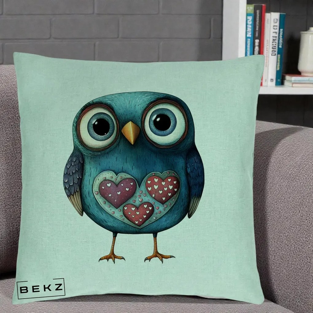Perna Decorativa Bufnita Teal cu Doua Inimi, 40x40 cm, Verde Menta, Husa Detasabila, Perna Inclusa, BEKZ®