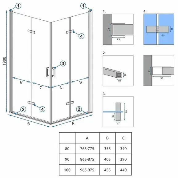 Cabina de dus patrata cu usi pliabile Rea Molier 90x90 crom