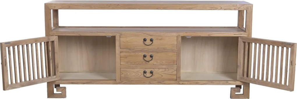 Bufet rustic în stil oriental, din lemn de ulm reciclat, natur, cu 2 uși cu grilaj, 3 sertare și raft deschis, 80 x 170 x 40 cm, „Largentière”