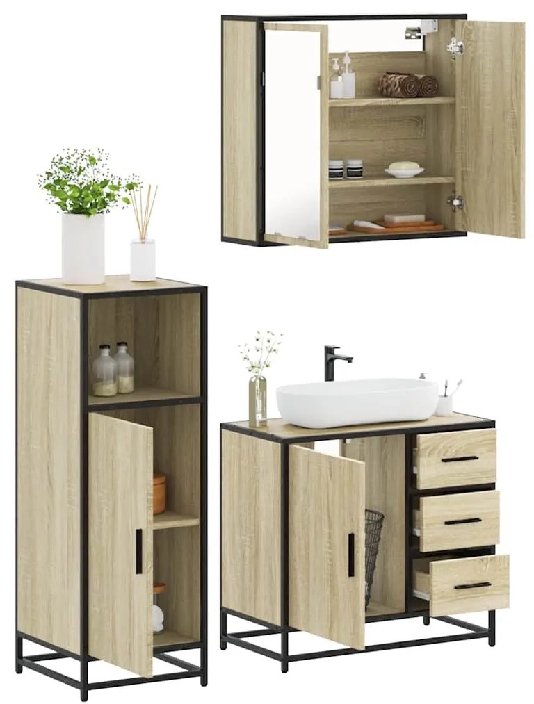 vidaXL Set mobilier de baie, 3 piese, stejar sonoma, lemn prelucrat