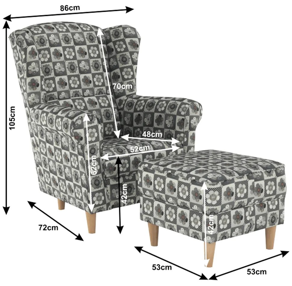 Fotoliu cu urechi cu taburete Aevo (patchwork N1). 788159