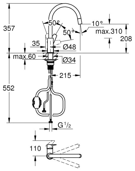 GROHE 30551000 - Baterie pentru chiuvetă START EDGE 357 mm, crom lucios