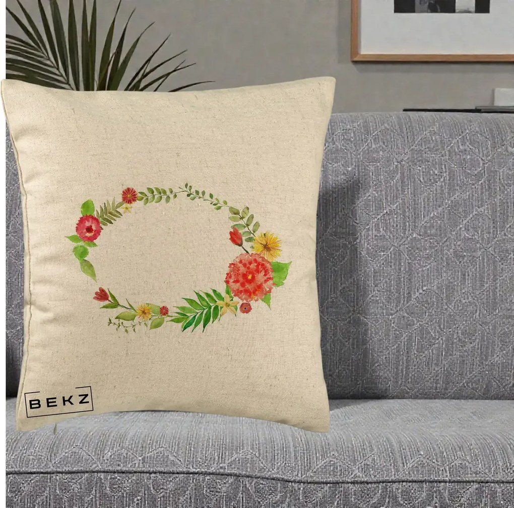 Perna Decorativa Coroana Florala Acuarela, 40x40 cm, Bej, Husa Detasabila, Perna Inclusa, BEKZ®