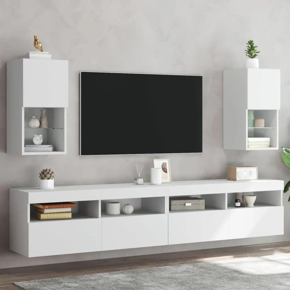 Comode TV cu lumini LED, 2 buc., alb, 30,5x30x60 cm