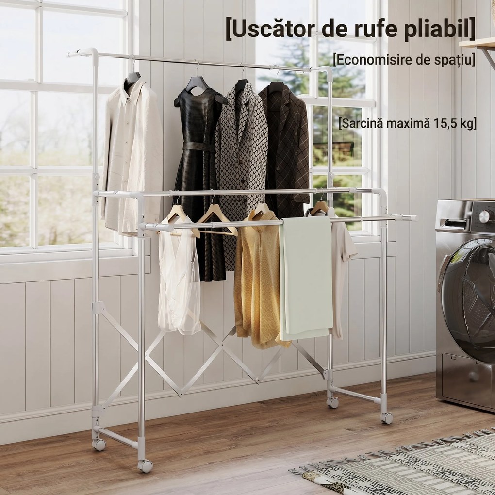 HOMCOM Uscător de Rufe Pliabil cu 3 Bare Reglabile, Uscător Vertical cu Roți Pivotante și Cadru din Oțel Inox, Uscător pentru Acasă și Spălătorie, Argintiu | Aosom Romania