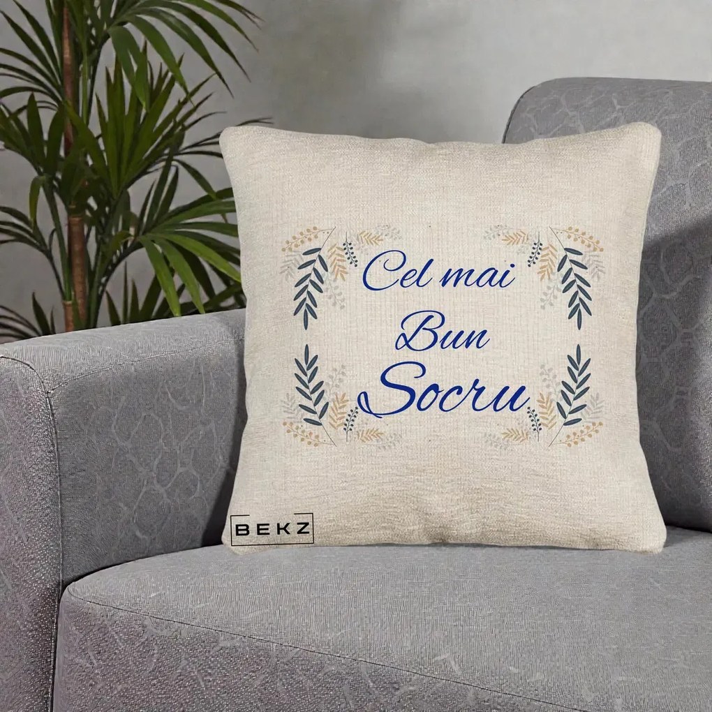 Cadou pentru Socru - Perna Personalizata Cel mai Bun Socru cu Ramuri Frunze Albastre si Aurii, 40x40 cm, Bej Canapea, Husa Detasabila, Perna Inclusa, BEKZ®