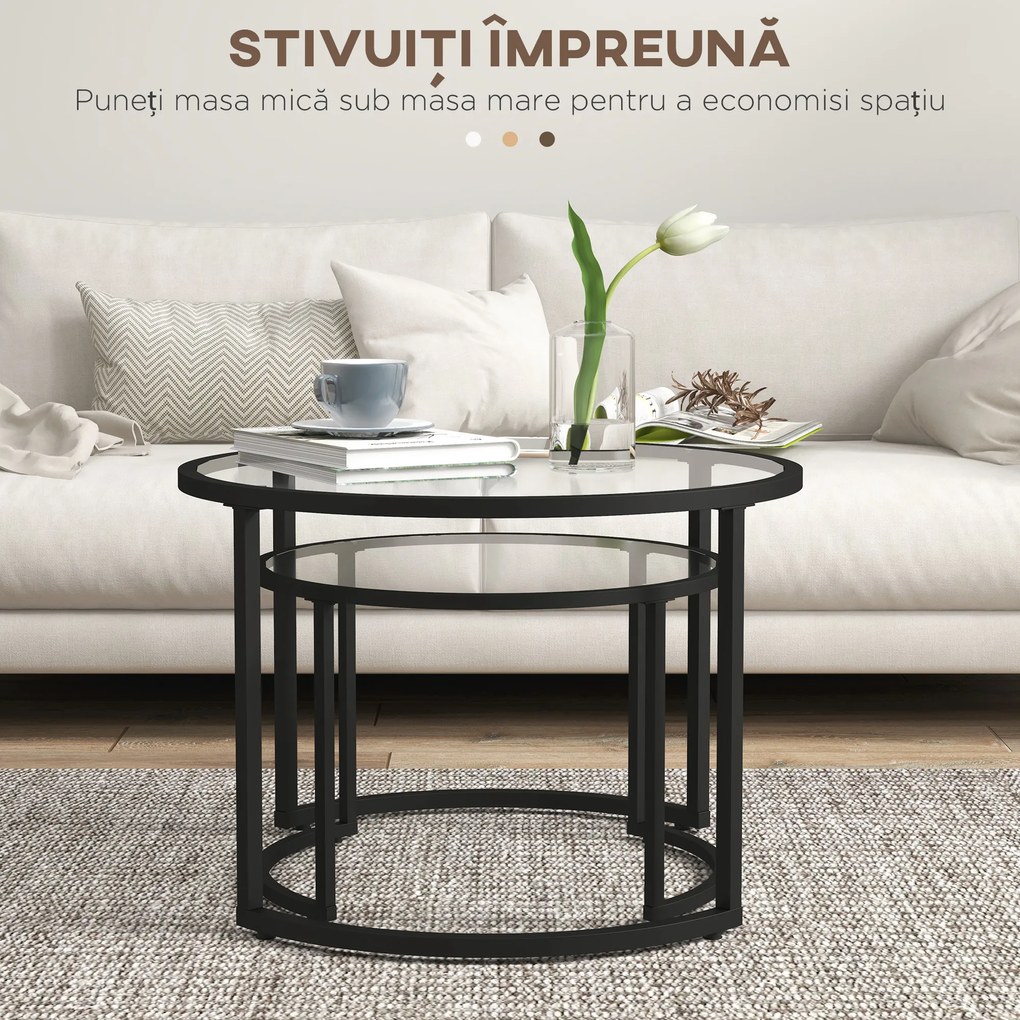 HOMCOM Set de 2 Mese de Cafea Suprapozabile din Sticlă și Oțel, Ø70x47.5 cm și Ø54x42.5 cm, Negru | Aosom Romania