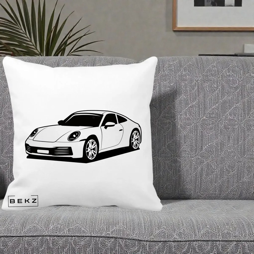Perna Personalizata Porsche 911 Silueta, 40x40 cm, Alba Mata, Husa Detasabila, Perna Inclusa, BEKZ®