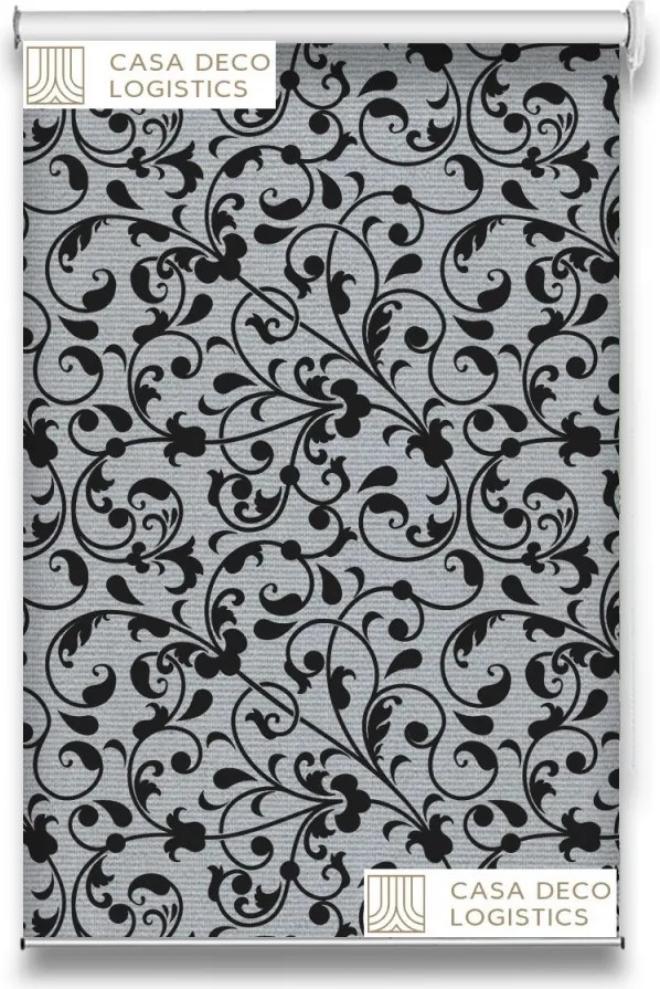 Roletă textilă Floral 8012 albă cu model floral ornamental gri-negru