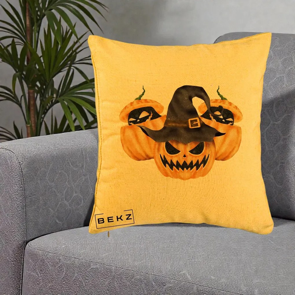 Perna Decorativa Trio Dovleci Jack-o-Lantern cu Palarie Vrajitoare, 40x40 cm, Galben, Husa Detasabila, Perna Inclusa, BEKZ®