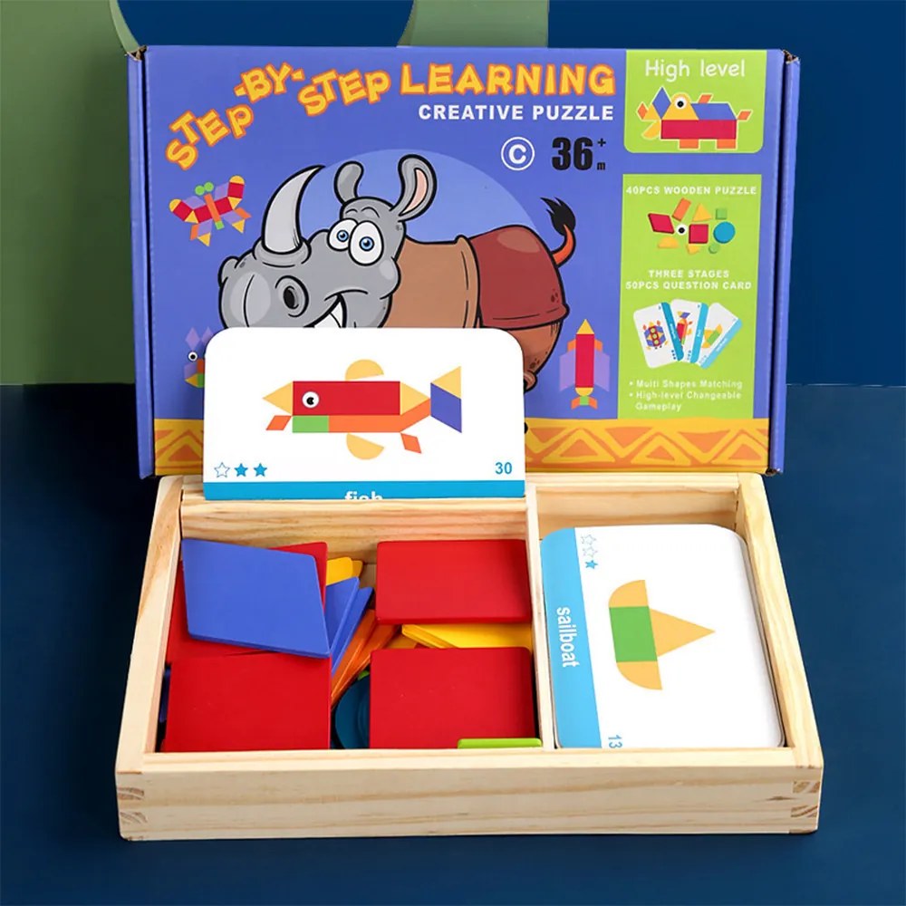 Joc magnetic tangram din lemn cu cărți englezești, nivel avansat